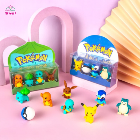 Hộp 4 Gôm Tẩy 3D Gấu Dâu , Pokemon